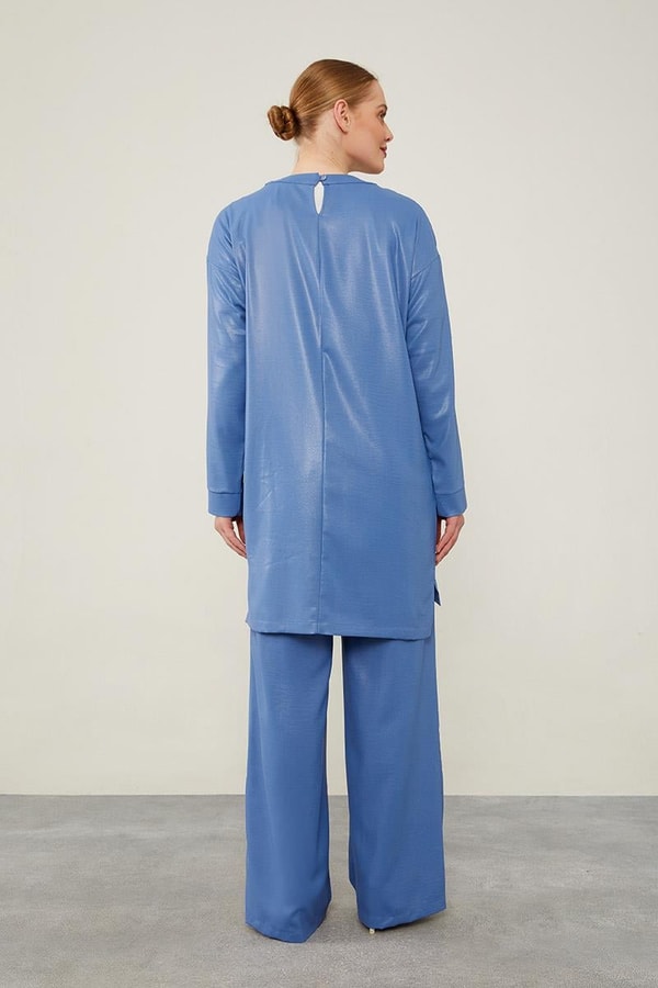 LevidorLevidor İndigo Önü Taş İşlemeli Geniş Pantolonlu Tunik Takım