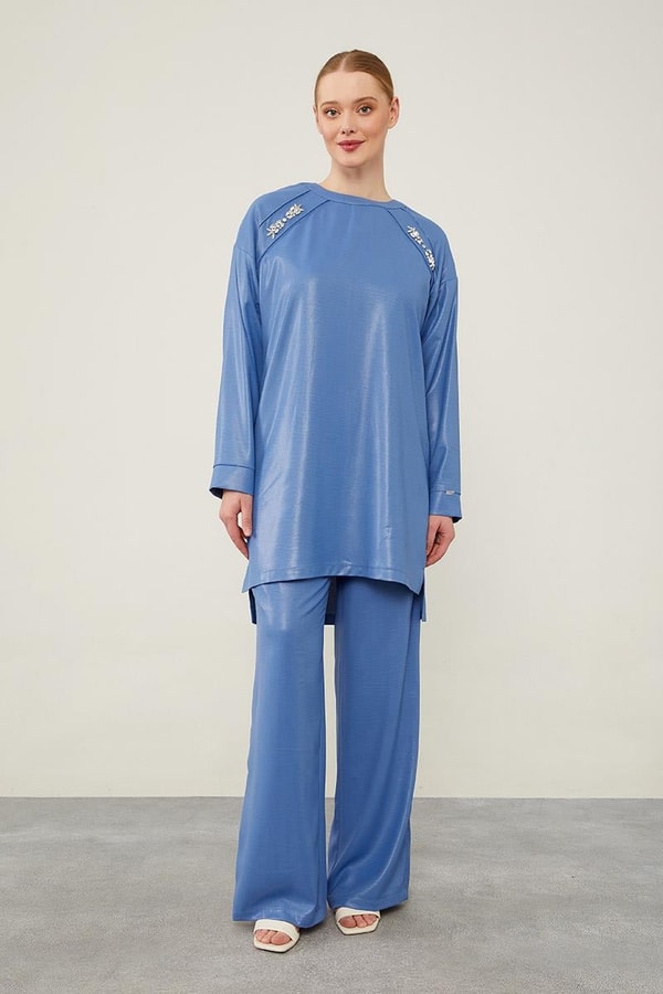 LevidorLevidor İndigo Önü Taş İşlemeli Geniş Pantolonlu Tunik Takım