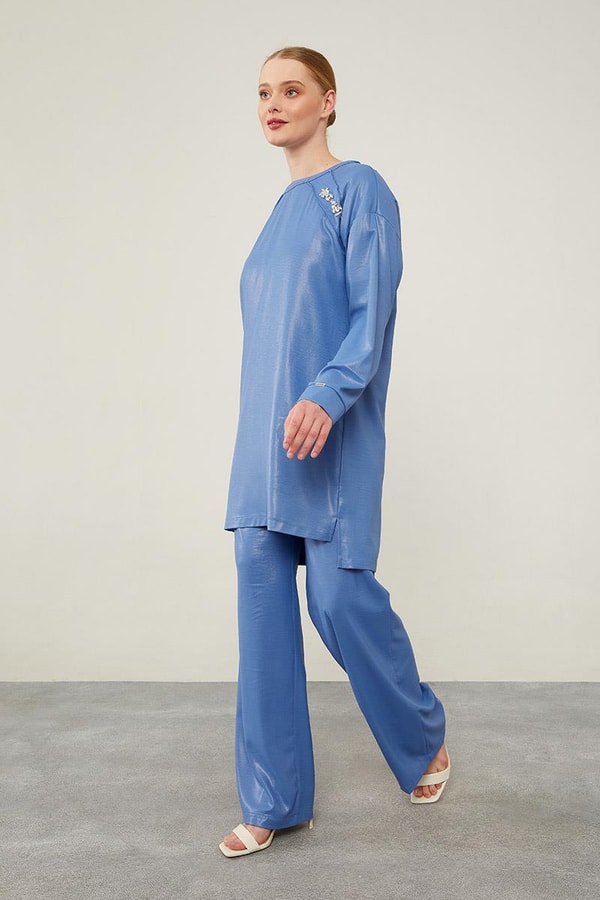 LevidorLevidor İndigo Önü Taş İşlemeli Geniş Pantolonlu Tunik Takım
