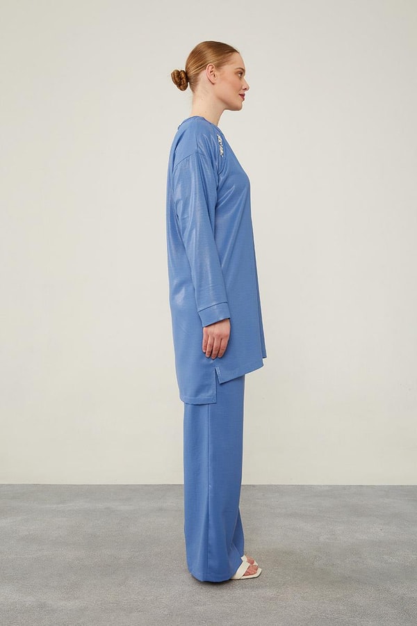 LevidorLevidor İndigo Önü Taş İşlemeli Geniş Pantolonlu Tunik Takım