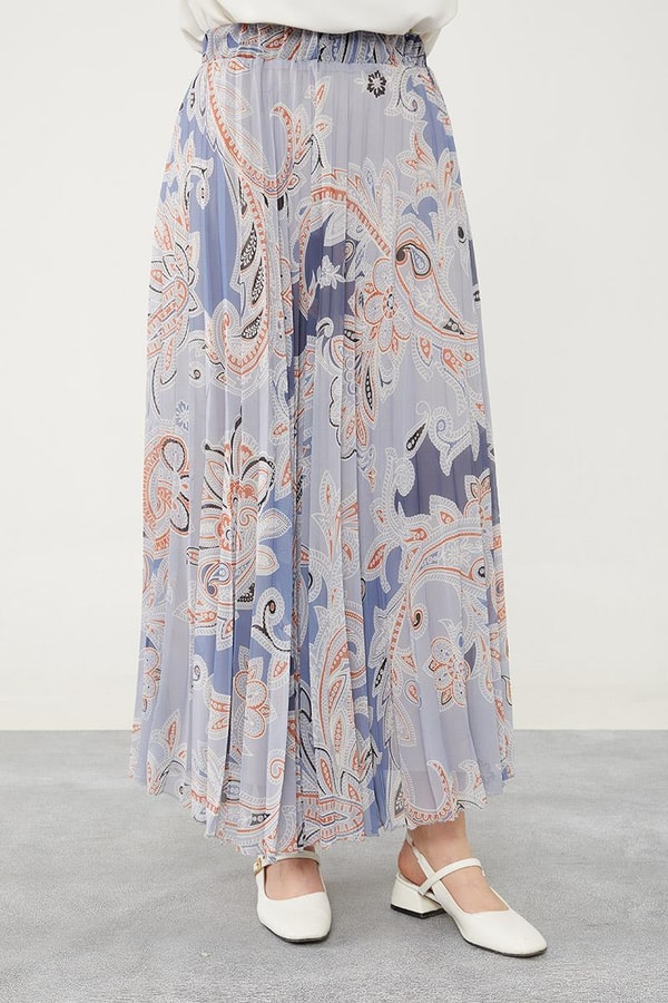 LevidorLevidor İndigo Pliseli Çiçek Desen Şifon Etek