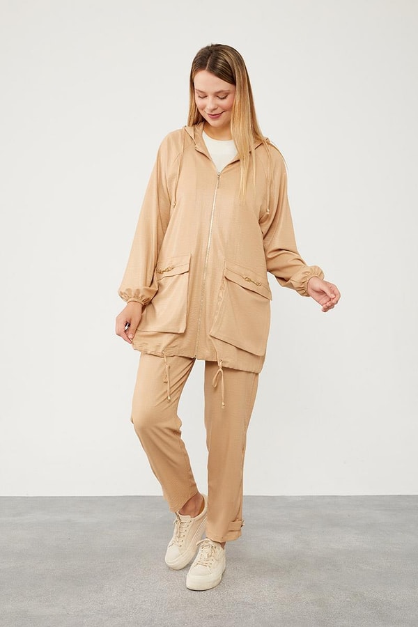 LevidorLevidor K.Bej Kapüşonlu Fermuar Kapamalı Spor Takım