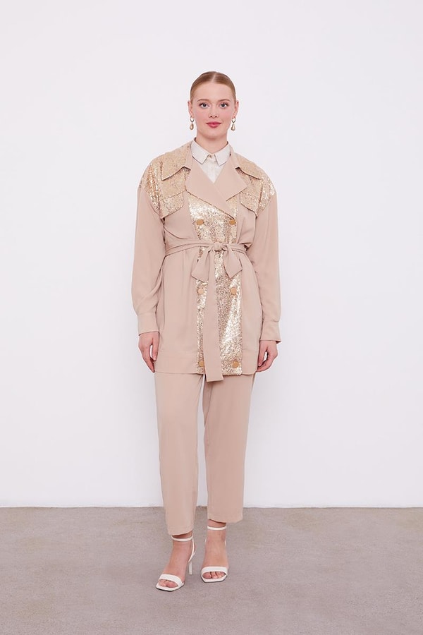 LevidorLevidor K.Bej Payet İşlemeli Kuşak Bağlamalı Ceket Takım