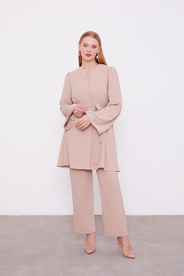 LevidorLevidor K.Bej Bisiklet Yaka Taş Detaylı İkili Takım