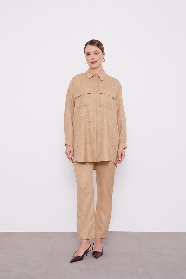 LevidorLevidor K.Bej Taş İşlemeli Melanj Gömlek İkili Takım