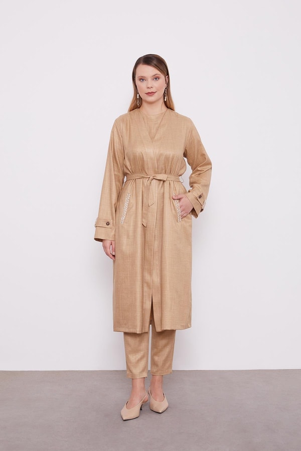 LevidorLevidor K.Bej İşlemeli  Melanj Kimono Üçlü Takım