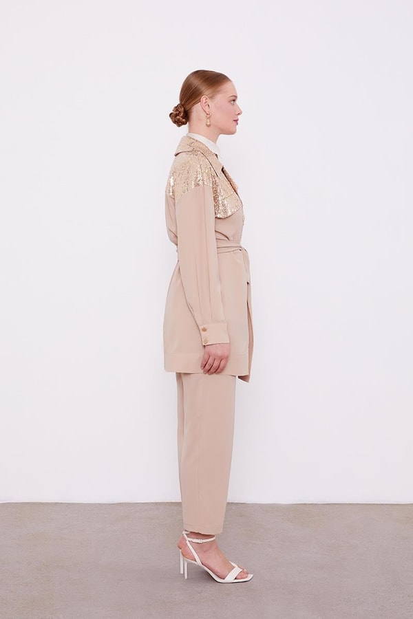 LevidorLevidor K.Bej Payet İşlemeli Kuşak Bağlamalı Ceket Takım