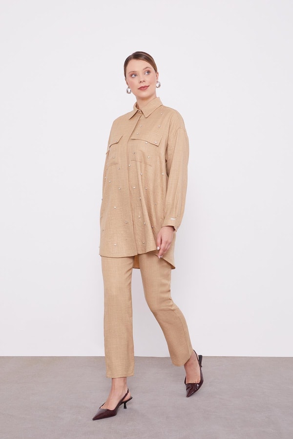 LevidorLevidor K.Bej Taş İşlemeli Melanj Gömlek İkili Takım