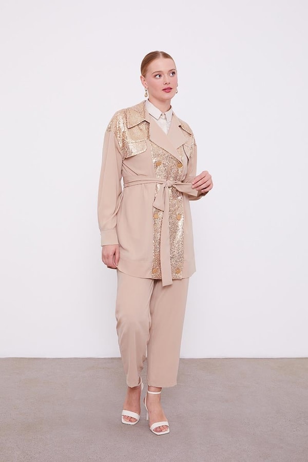 LevidorLevidor K.Bej Payet İşlemeli Kuşak Bağlamalı Ceket Takım