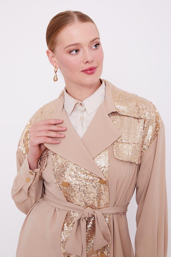 LevidorLevidor K.Bej Payet İşlemeli Kuşak Bağlamalı Ceket Takım