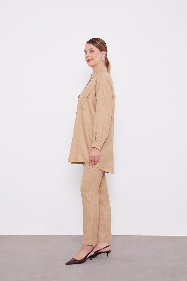 LevidorLevidor K.Bej Taş İşlemeli Melanj Gömlek İkili Takım