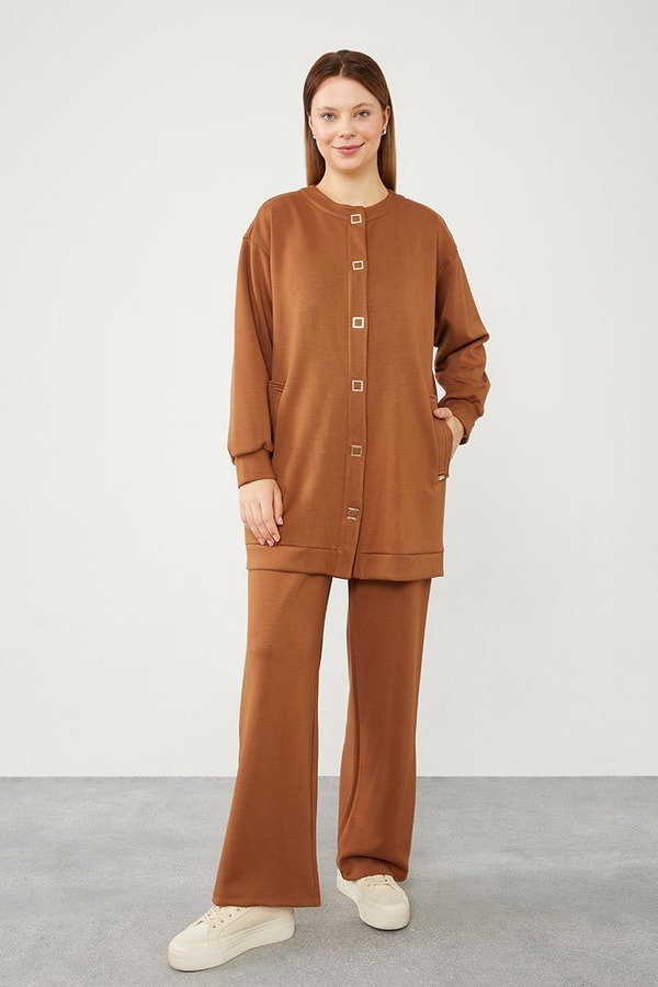 LevidorLevidor Kahve Bisiklet Yaka Cepli Penye Pantolonlu Spor Takım