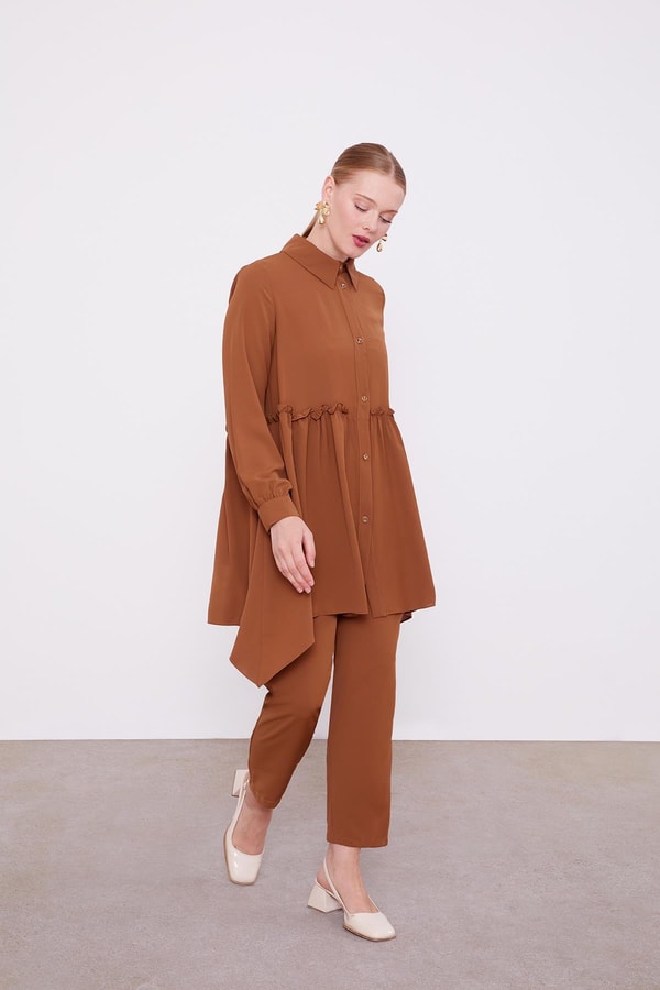 LevidorLevidor Kahve Göğüs Altı Pileli Şifon İkili Takım