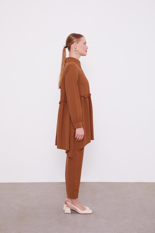 LevidorLevidor Kahve Göğüs Altı Pileli Şifon İkili Takım