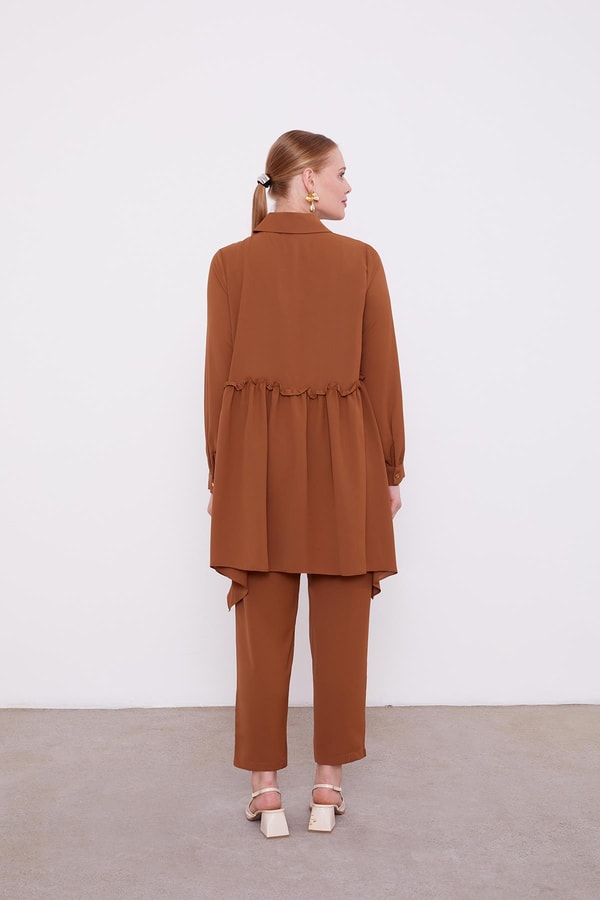 LevidorLevidor Kahve Göğüs Altı Pileli Şifon İkili Takım