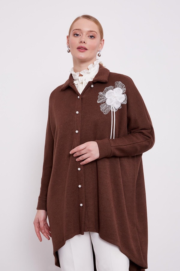 LevidorLevidor Kahve Gül Broş Detaylı Kaşmir Tunik