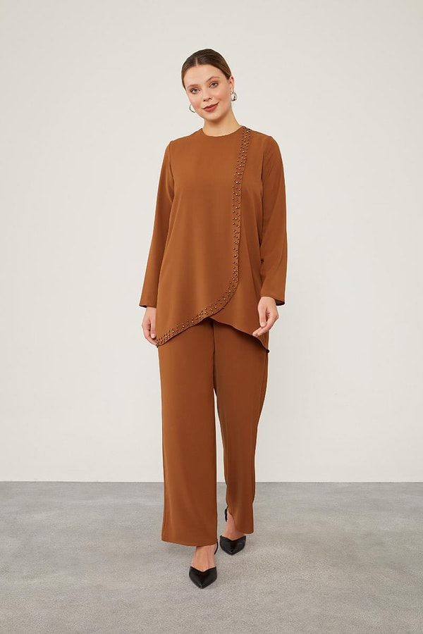 LevidorLevidor Kahve İnci İşlemeli Şifon İkili Takım