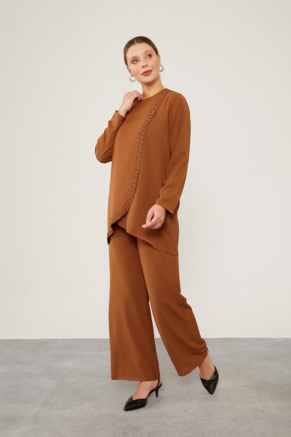 LevidorLevidor Kahve İnci İşlemeli Şifon İkili Takım