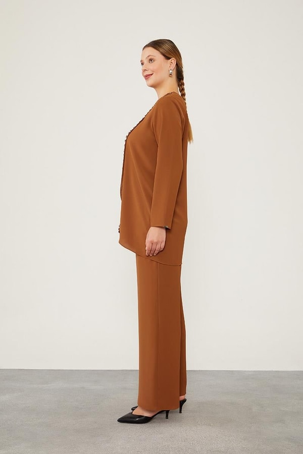 LevidorLevidor Kahve İnci İşlemeli Şifon İkili Takım