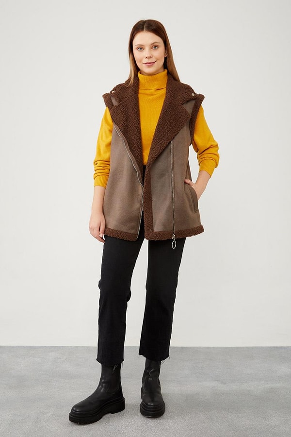LevidorLevidor Kahve Peluş içli Deri Yelek
