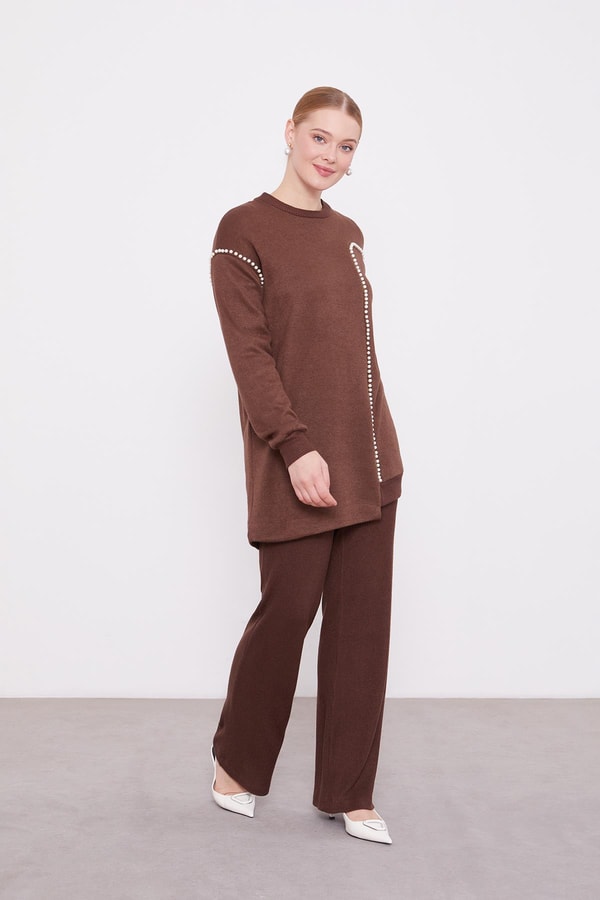 LevidorLevidor Kahve Şerit İncili Kaşmir İkili Takım