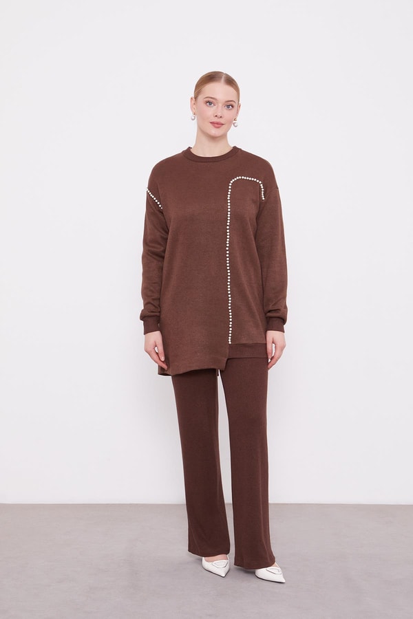 LevidorLevidor Kahve Şerit İncili Kaşmir İkili Takım