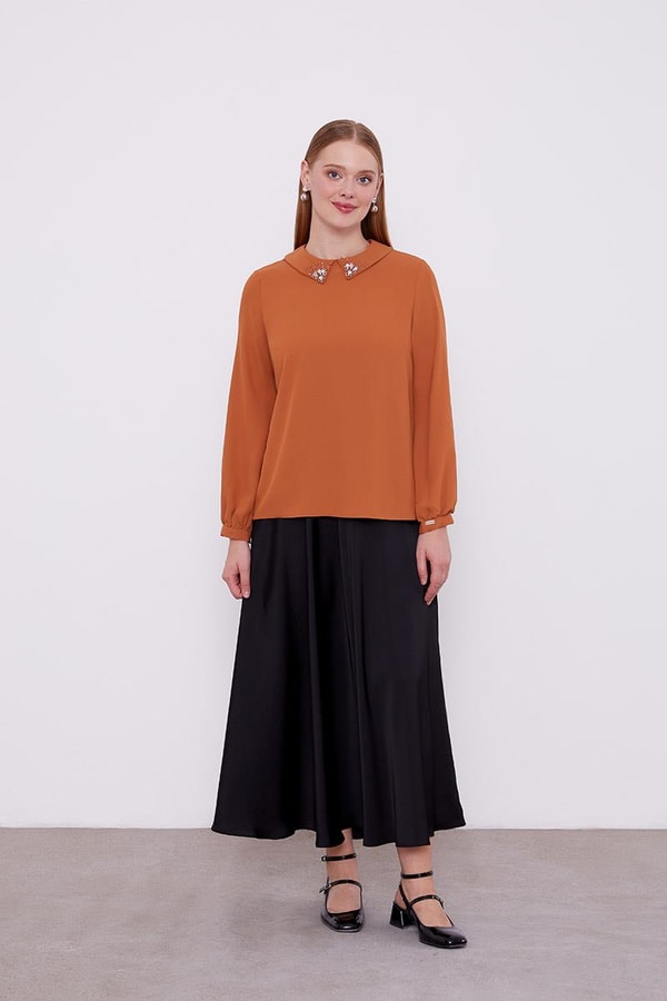 LevidorLevidor Kahve Yaka İşlemeli Bluz