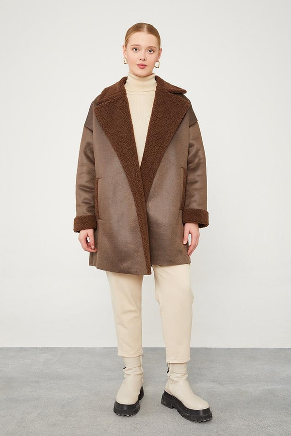 LevidorLevidor Kahve Yün Detaylı Suni Deri Kısa Kaban