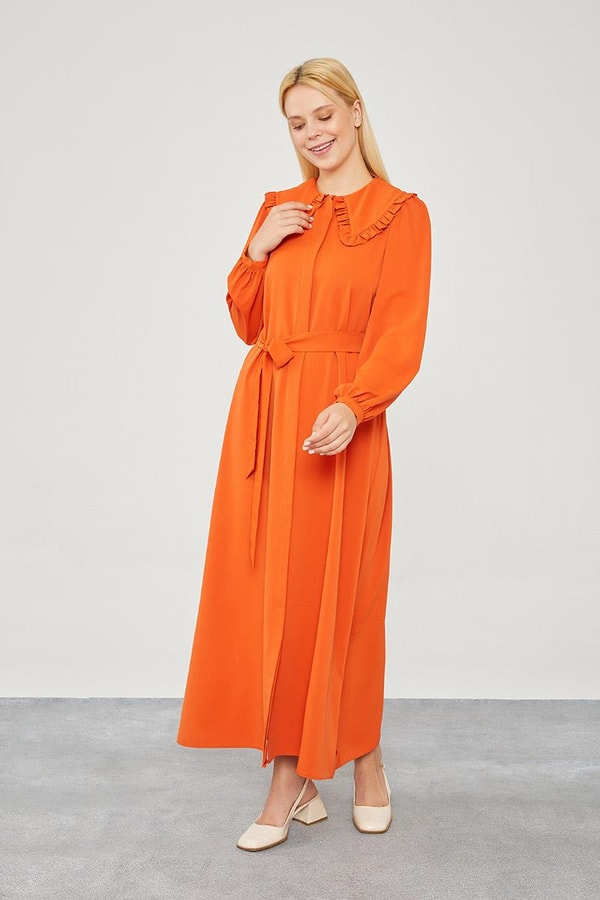 LevidorLevidor Kiremit Yakası Fırfır Detaylı Elbise