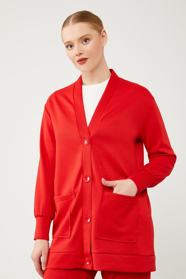 LevidorLevidor Kırmızı Düğme Kapama Pantolonlu Hırka Takım