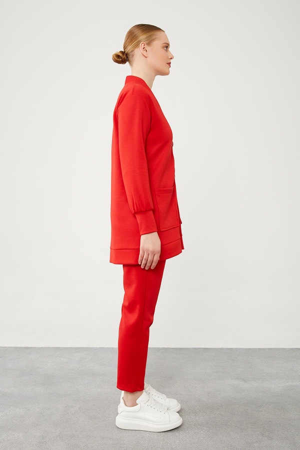 LevidorLevidor Kırmızı Düğme Kapama Pantolonlu Hırka Takım