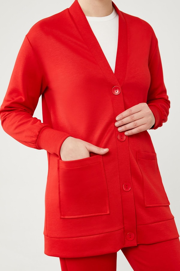 LevidorLevidor Kırmızı Düğme Kapama Pantolonlu Hırka Takım