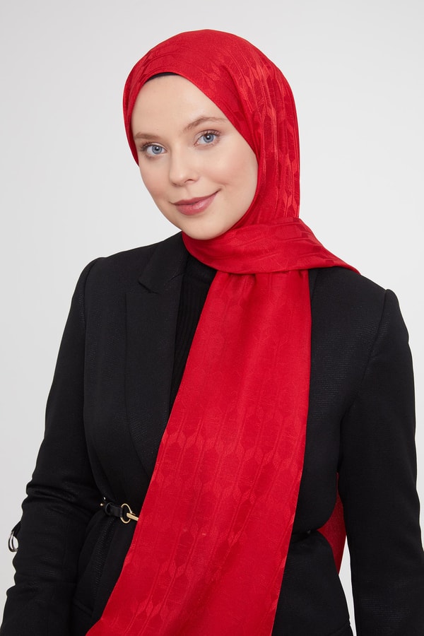 LevidorLevidor Kırmızı Geometrik Desen Jakarlı Janjan Şal