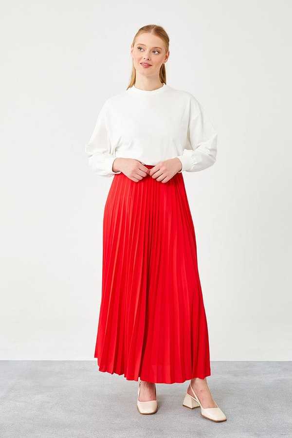 LevidorLevidor Kırmızı Pliseli Beli Lastikli Etek