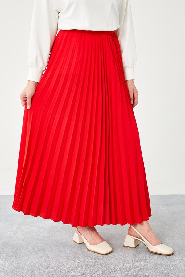 LevidorLevidor Kırmızı Pliseli Beli Lastikli Etek