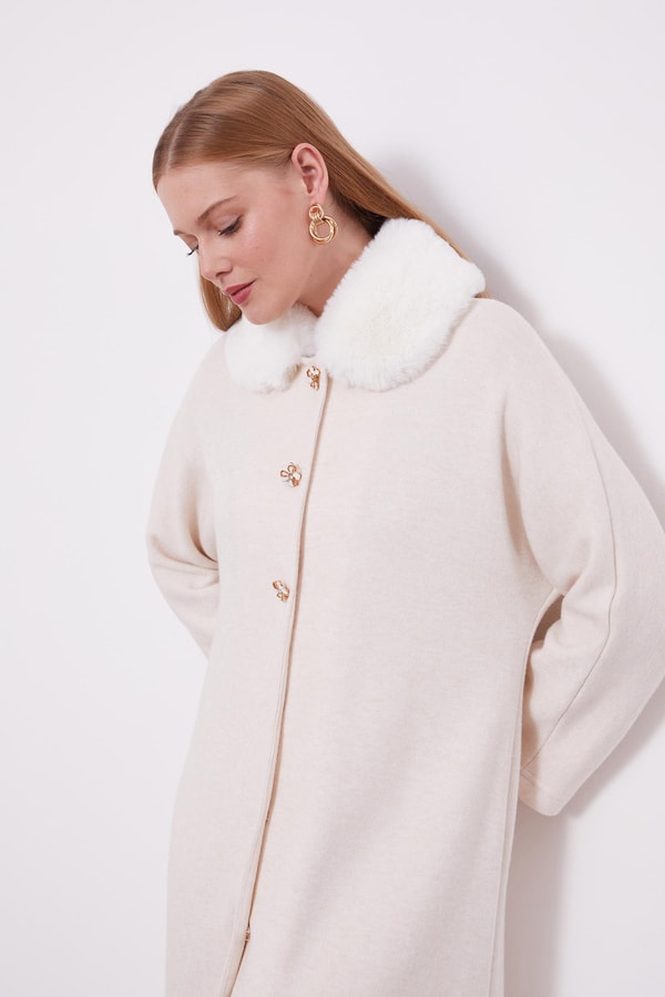 LevidorLevidor Krem Yakası Kürklü Kaşmiş Hırka