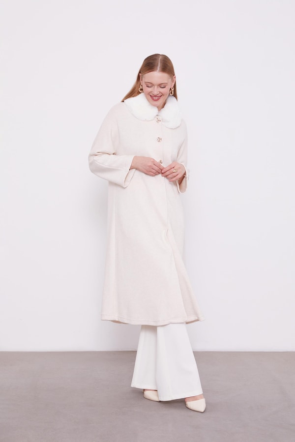 LevidorLevidor Krem Yakası Kürklü Kaşmiş Hırka