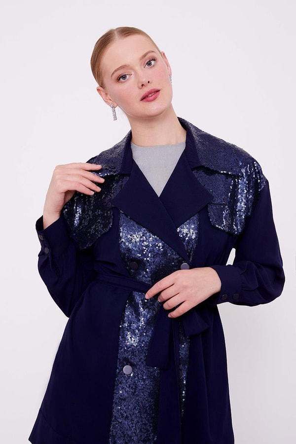 LevidorLevidor Lacivert Payet İşlemeli Kuşak Bağlamalı Ceket Takım