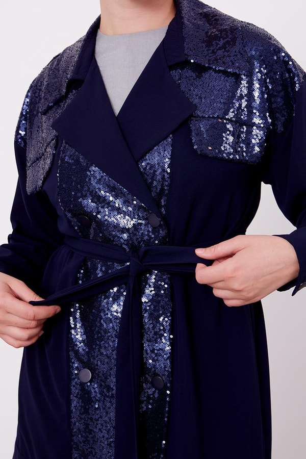 LevidorLevidor Lacivert Payet İşlemeli Kuşak Bağlamalı Ceket Takım