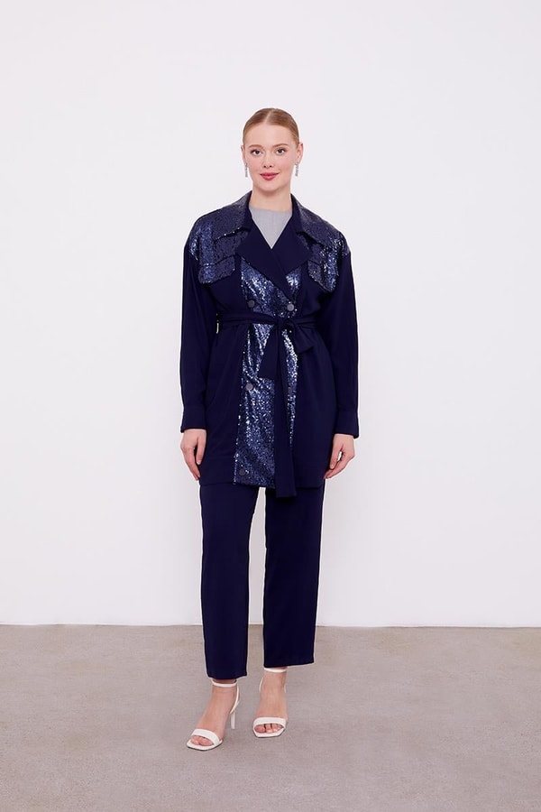 LevidorLevidor Lacivert Payet İşlemeli Kuşak Bağlamalı Ceket Takım