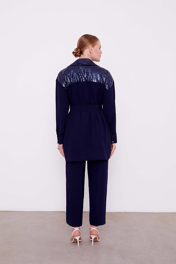 LevidorLevidor Lacivert Payet İşlemeli Kuşak Bağlamalı Ceket Takım
