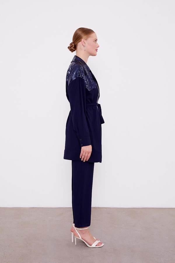 LevidorLevidor Lacivert Payet İşlemeli Kuşak Bağlamalı Ceket Takım