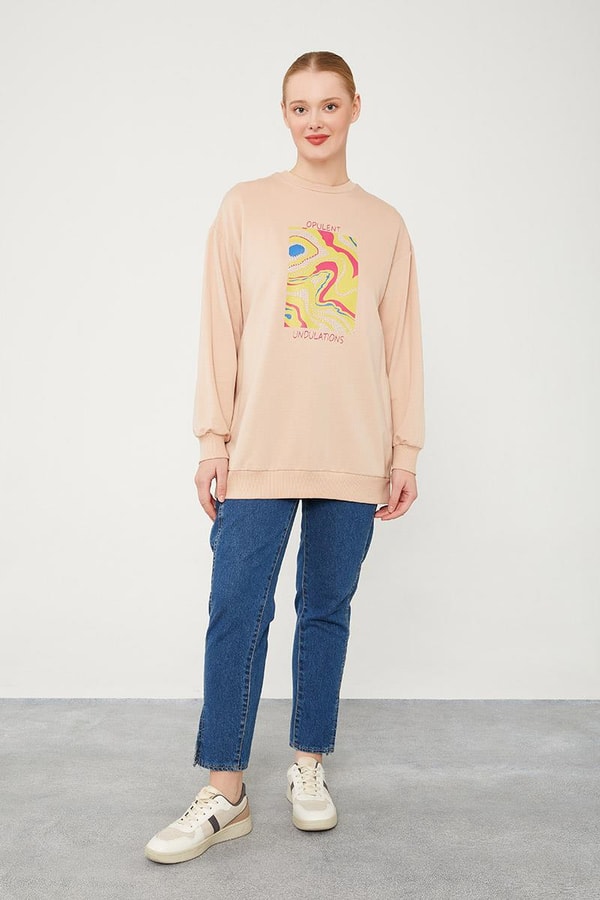 LevidorLevidor Latte Bisiklet Yaka Taş Baskılı Sweat