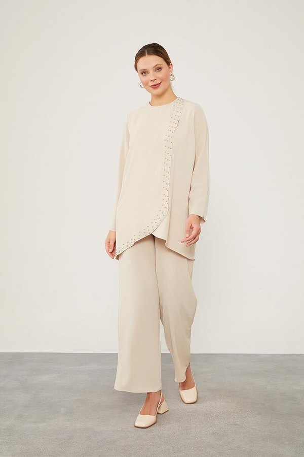 LevidorLevidor Latte İnci İşlemeli Şifon İkili Takım