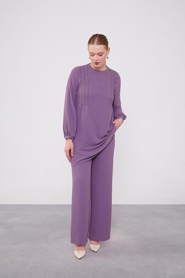 LevidorLevidor Lila Boncuk İşlemeli Tunik Takım
