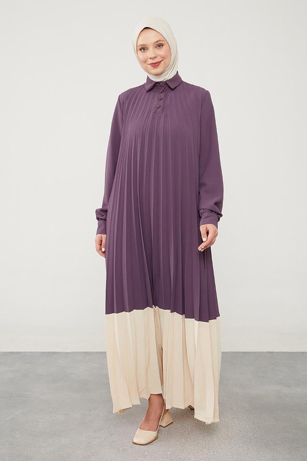 LevidorLevidor Lila Pliseli Çift Renk Kemerli Elbise