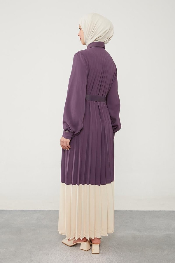 LevidorLevidor Lila Pliseli Çift Renk Kemerli Elbise