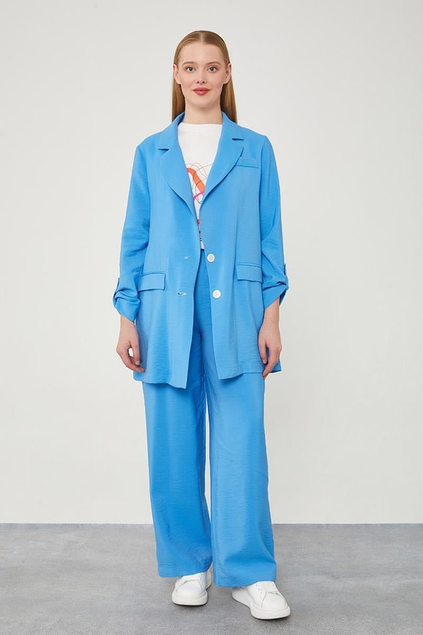 LevidorLevidor Mavi Baskılı İçlikli Geniş Paça Pantolonlu Ceket Takım