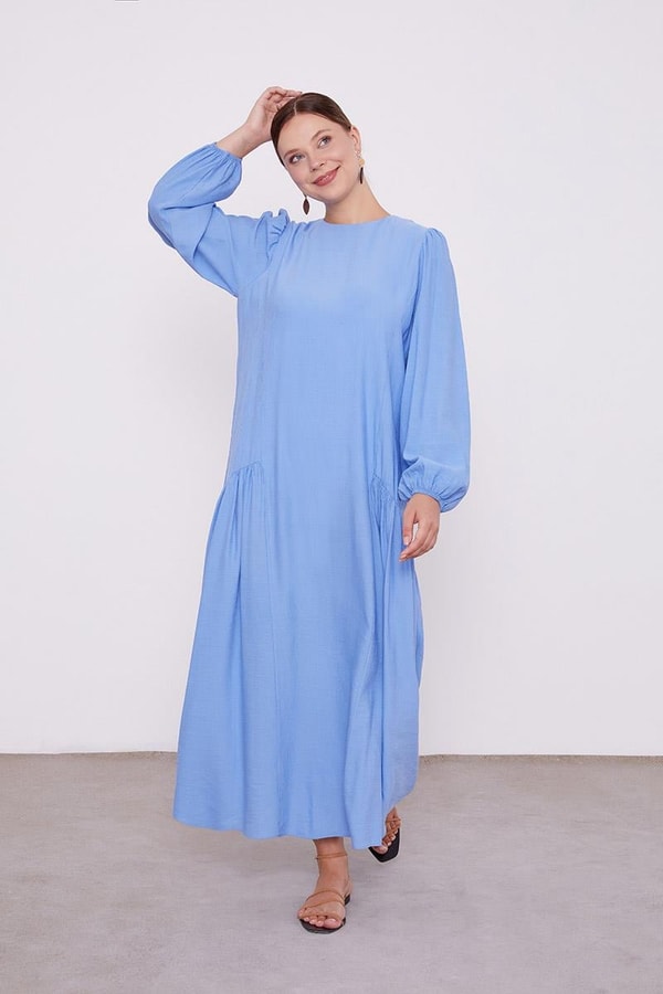 LevidorLevidor Mavi Bisiklet Yaka Büzgü Detaylı Elbise