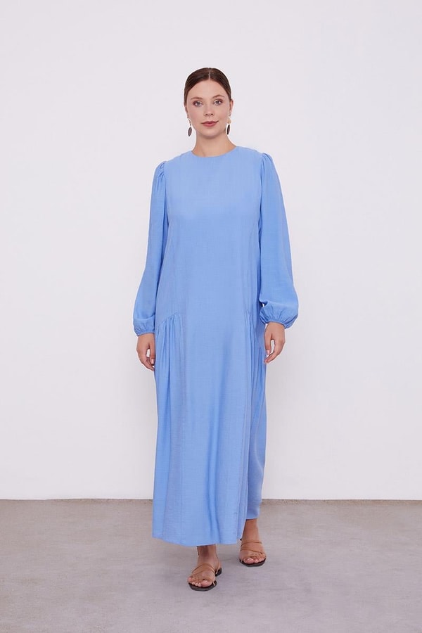 LevidorLevidor Mavi Bisiklet Yaka Büzgü Detaylı Elbise